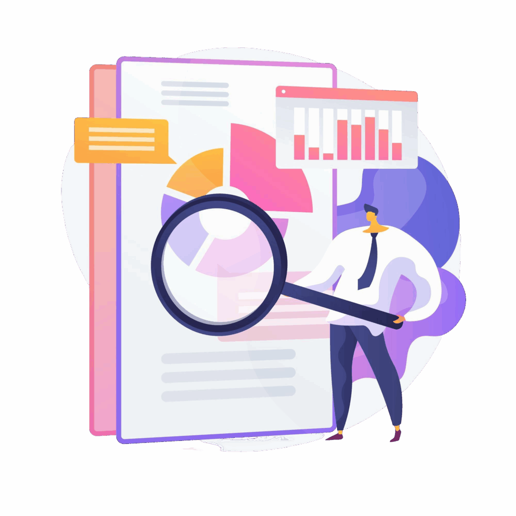 TRAC 5 business audit financial specialist cartoon character with magnifier examination statistical graphic information statistics diagram chart vector isolated concept metaphor illustration