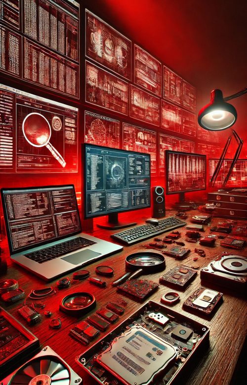 DALL·E 2024-09-30 15.49.22 - A digital forensics scene where the entire setting is illuminated in red hues. Multiple computer monitors display complex data analysis, code, and fil